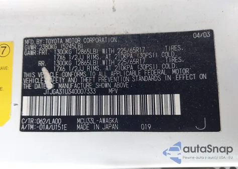 2004 Lexus Rx 330 z USA, uszkodzony, nr VIN JTJGA31U340007333